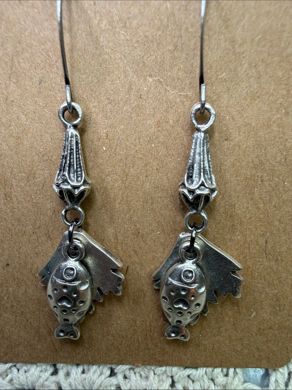 Artisan Silver Fish Dangle Earrings - Textured Metal